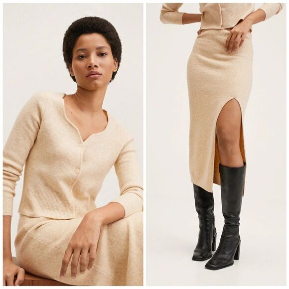 Mango Knit Co-Ord Set Skirt Cardigan Beige - Picture 6 of 7